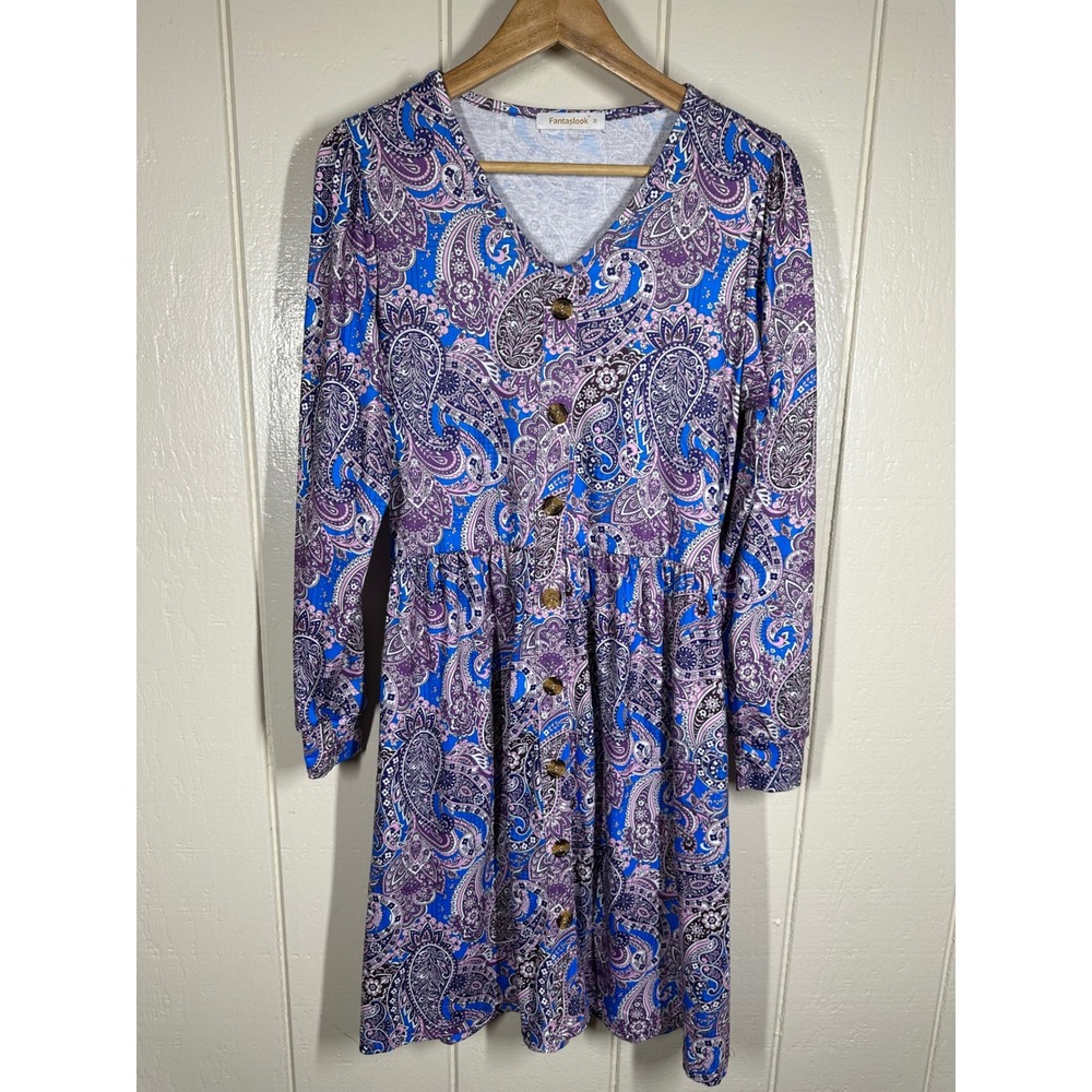 Fantaslook Dress Women M Blue Paisley Button Front Long Sleeve Boho Casual 7890